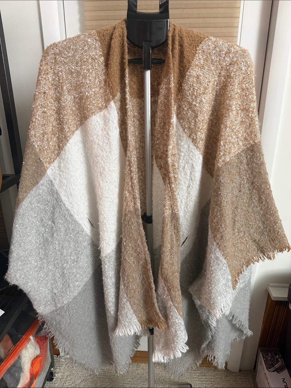 Open-Front windowpane Colorblock Shawl poncho Camel, Cream & Gray OS cottagecore